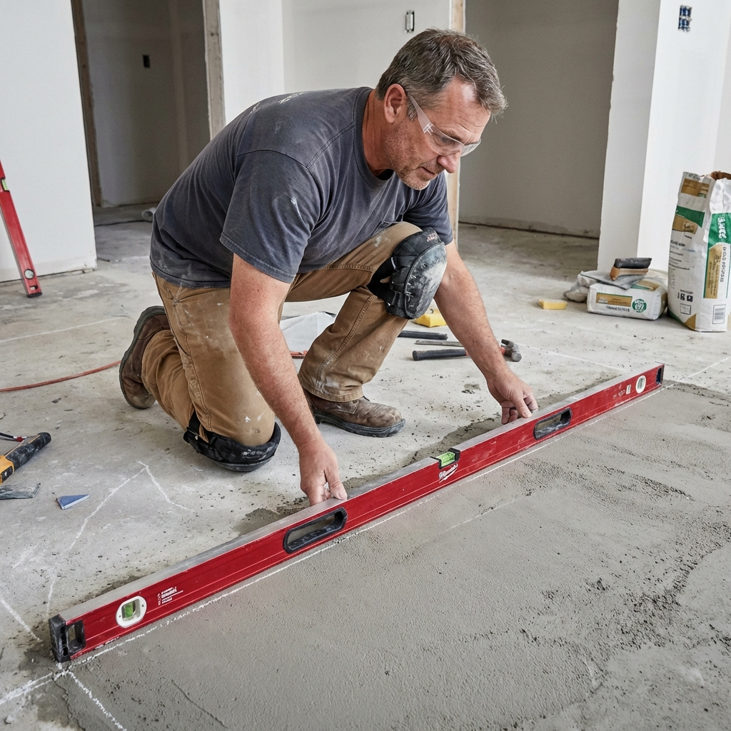 Flooring contractor checking subfloor level