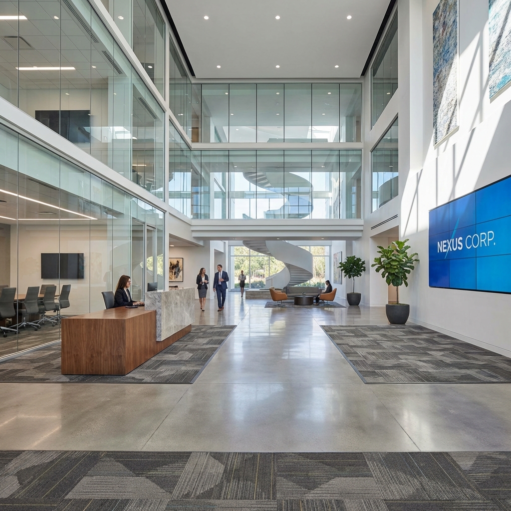 Modern corporate office lobby with carpet tile