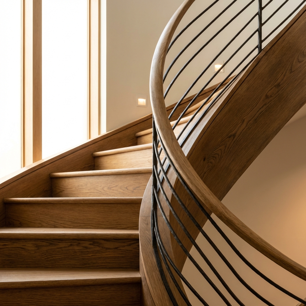 Luxury curved staircase detail with iron railing