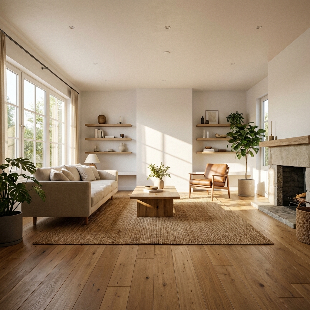 Modern living room with oak hardwood floors