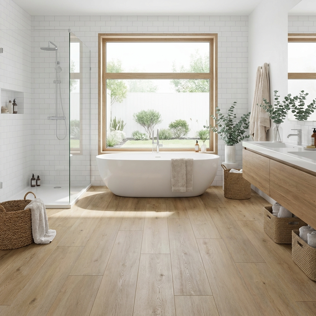 Modern bathroom with luxury vinyl plank flooring
