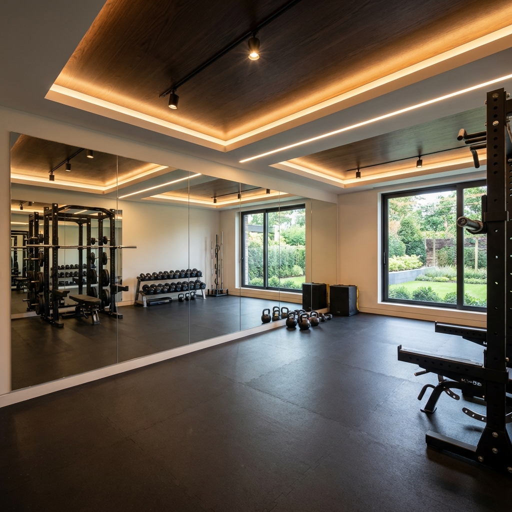 High end home gym with black rubber flooring