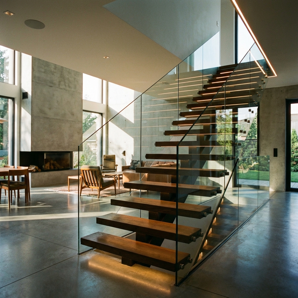 Modern floating staircase with glass railing
