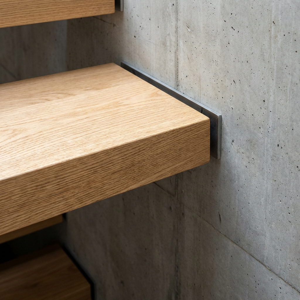 Floating white oak stair tread detail